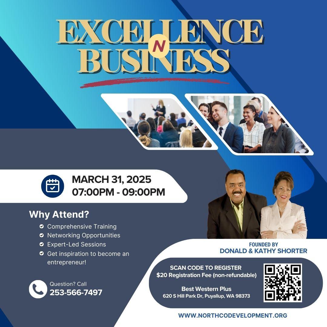 a postcard advertising Excellence N Business Seminar with a photo of the founders Donald and Kathy Shorter. The seminar is on March 31, 2025 at 7-9pm at Best Western Plus, 620 S Hill Park Drive in Puyallup WA