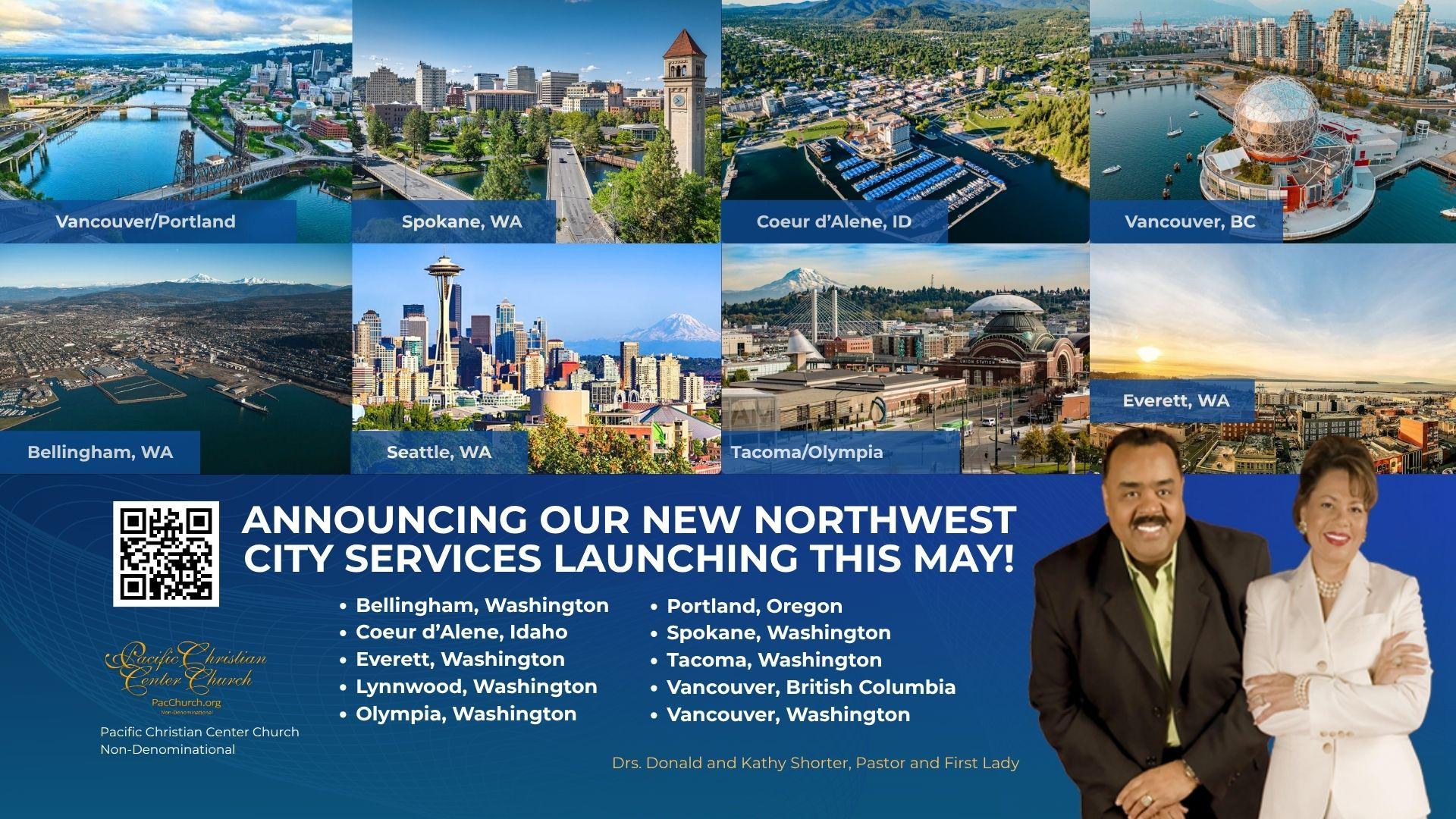 An image of a postcard of Vancouver Portland WA, City Services with Pacific Christian Center Church