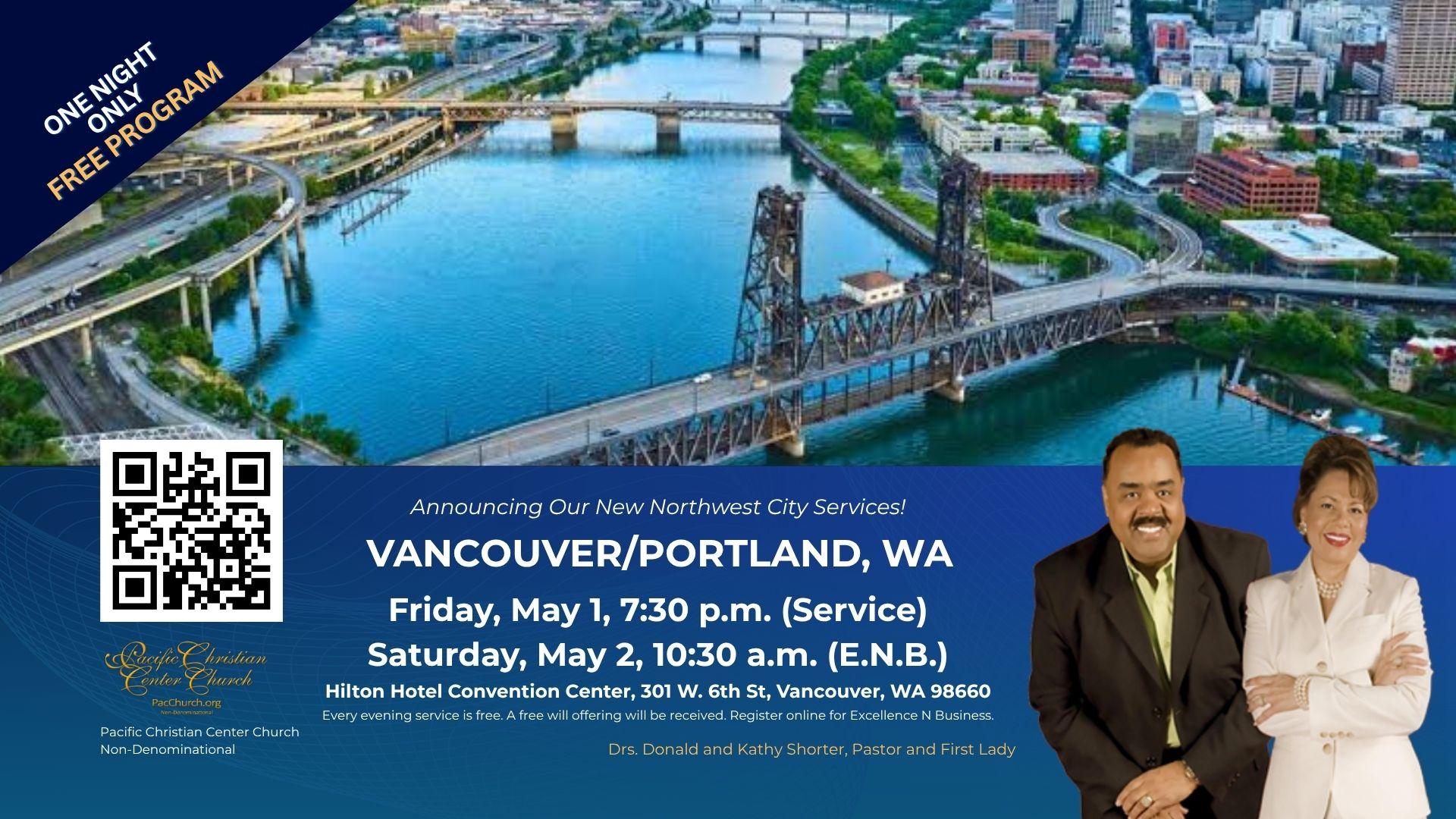 An image of a postcard of Vancouver Portland WA, City Services with Pacific Christian Center Church