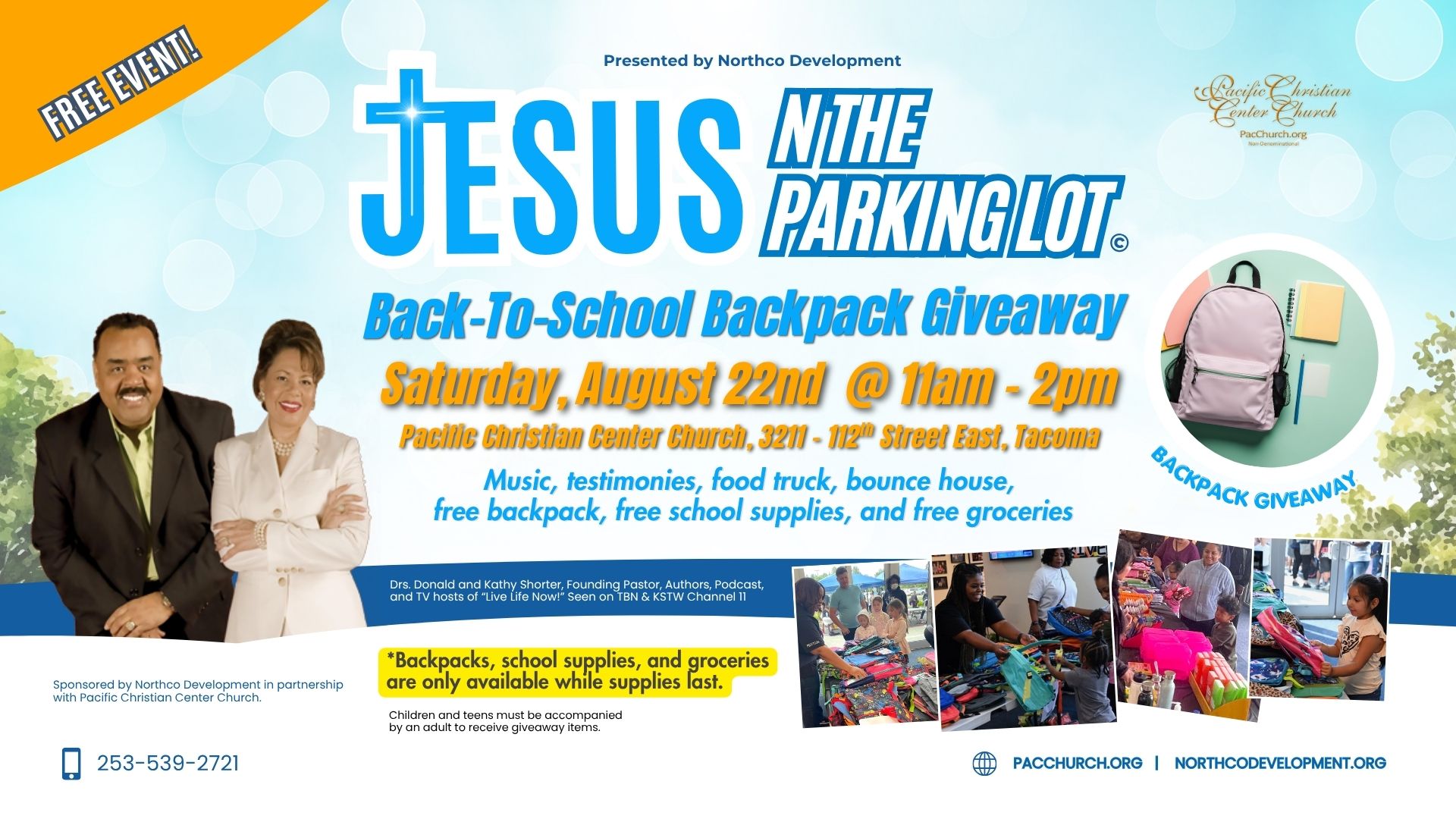 JesusNThePark_BackpackGiveaway An image of a postcard of Vancouver Portland WA, City Services with Pacific Christian Center Church